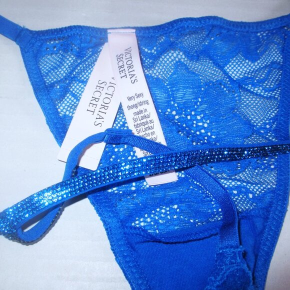 VICTORIA SECRET Very Sexy Shine Strap V-String Thong Panty  M Blue Lace $25 - Picture 4 of 4